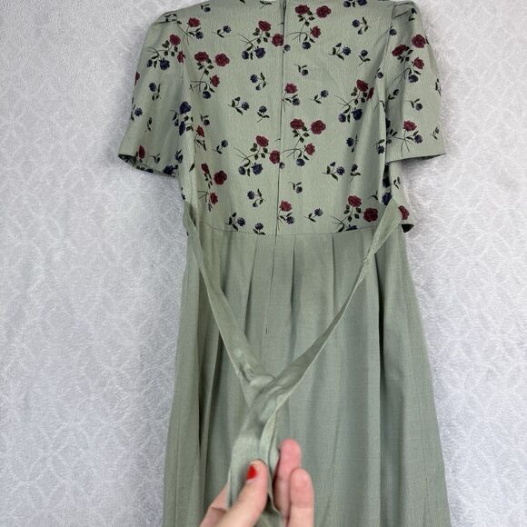 Vtg Puff Sleeve Tea Dress 8 Green Cottage Modest Grandma Prairie Garden 80s 90s - Picture 7 of 15